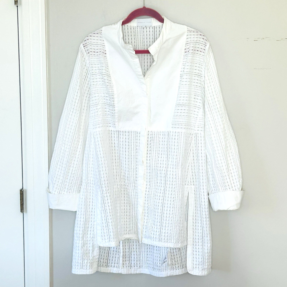Noon by Noor White Blouse Size 14 Longline Textured Tunic Buttons Beach Cover
